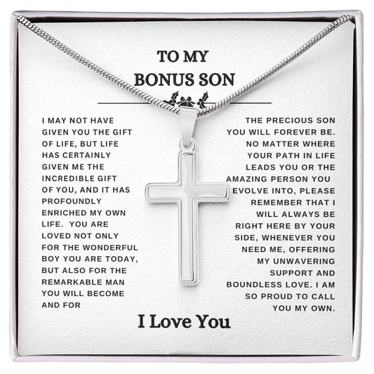 TO MY BONUS SON | GIFT FOR SON | STAINLESS STEEL CROSS NECKLACE